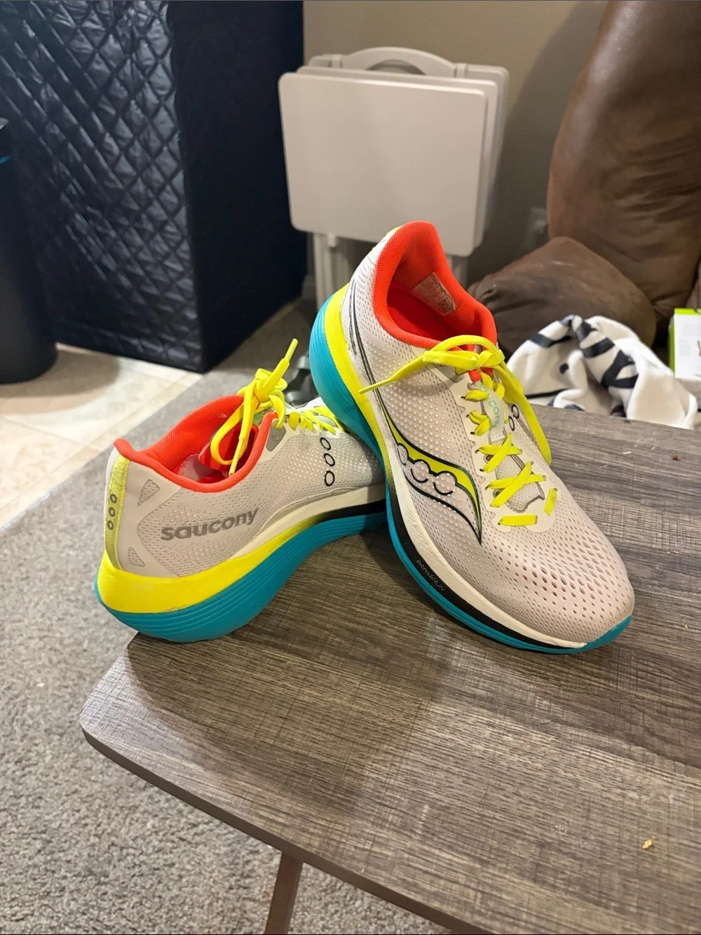 Saucony Men’s White Running Shoes with Neon Yellow, Teal & Orange Accents